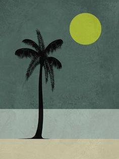 a palm tree sitting on top of a sandy beach under a yellow and green sun