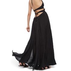 This Dress Is Very Hard To Photograph! Never Worn.. Black. Ties In The Back At Neck And Lower Back. Vneck. Flowy Bottom. Heavy Material. Really Pretty.