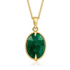 Ross-Simons - 5.00ct Emerald Pendant Necklace in 18kt Gold Over Sterling. 18". An RS exclusive. Acquire a classic look with this color-rich gemstone pendant necklace, featuring a verdant 5.00 carat oval emerald in polished 18kt yellow gold over sterling silver. Cable chain. Lobster clasp, emerald pendant necklace. Emerald birthstones are the perfect gift for May birthdays. Classic Yellow Gold Emerald Necklace For May Birthstone, Classic Emerald Necklace For May Birthstone, Classic Green Emerald Necklace With Diamond Cut, Formal Emerald Oval Pendant Necklace, Classic Oval Green Emerald Necklace, Classic Oval Emerald Necklace In Yellow Gold, Classic Green Emerald Necklace With Bezel Setting, Classic Yellow Gold Oval Emerald Necklace, Classic Green Oval Emerald Necklace