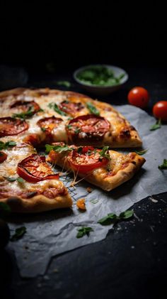 a pizza with several slices missing from it sitting on a piece of wax paper next to some tomatoes and basil