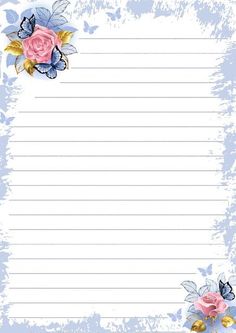 a blank paper with roses and butterflies on it