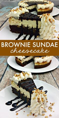 two slices of brownie sundae cheesecake on white plates