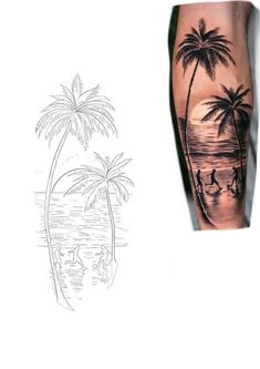 a man's arm with a palm tree and surfers on the beach tattoo