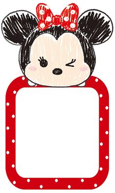 a drawing of a minnie mouse with a red bow on her head holding a white sign