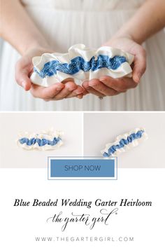 A designer wedding garter featuring blue beaded fabric. This unique designer is created and handmade by expert garter designer, The Garter Girl. #gartergirl #thegartergirl #garter #weddinggarter #bridalgarter #bluegarter #beadedgarter Elegant Adjustable Bridal Accessories For Wedding, Handmade Elegant Wedding Accessories, Bridal Garter Blue, Wedding Garter Blue, Bridal Garter Lace, Blue White Weddings, Wedding Garter Lace, Something Blue Bridal, Beaded Fabric