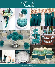 teal wedding color palettes for the bride and her bridal party, including green