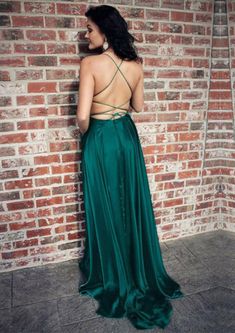 A-line Long Sweep Green Charmeuse Strappy Back Wrap Split Prom Dress - Princessly Green Satin Prom Dress, Green Prom Dress Long, Emerald Green Prom Dress, Split Prom Dresses, Green Prom, Backless Evening Dress, Prom Dresses With Pockets, Spaghetti Strap Prom Dress, Cheap Evening Dresses