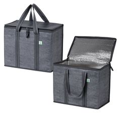 two bags with handles are shown side by side, one is grey and the other is black