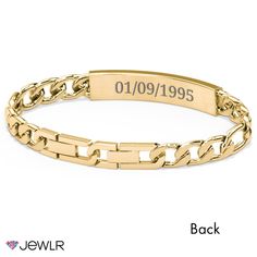 Personalize the perfect statement gift for any occasion. Engrave the front of this adjustable ID bracelet with a name or a special date and add a meaningful message to the back. Crafted in yellow ion-plated stainless steel, this men's curb-link chain bracelet features a removable link and can be adjusted from 7.75" to 9.25" to create just the right fit. Adjustable Nameplate Jewelry With Engraving Option, Classic Adjustable Customizable Jewelry, Classic Custom Name Jewelry In Stainless Steel, Adjustable Nameplate Bracelets With Engraved Text, Adjustable Nameplate Bracelet With Engraved Text, Classic Stainless Steel Jewelry With Custom Name, Classic Adjustable Bracelets For Personalized Gift, Classic Customizable Yellow Gold Bracelet, Classic Custom Name Stainless Steel Jewelry