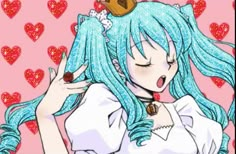 a girl with blue hair wearing a tiara and holding her hands up to her face