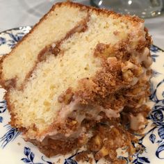 a piece of cake sitting on top of a blue and white plate