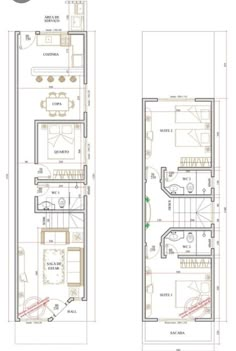 two story house plan with floor plans and measurements for each room in the house,