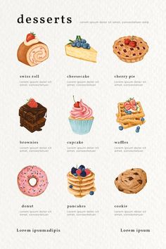 an illustrated poster with different types of desserts on it's sides and the words,