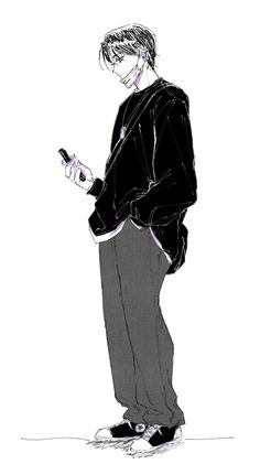 a drawing of a man standing and looking at his cell phone