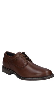 Matte-leather construction defines a versatile derby featuring an arch-support footbed for superior comfort. Lace-up style Removeable insole Leather upper and lining/rubber sole Imported Men's Shoes Classic Brown Leather Shoes With Ortholite Insole, Brown Leather Business Shoes With Cushioned Footbed, Brown Leather Business Shoes With Ortholite Insole, Business Casual Leather Shoes With Ortholite Insole, Brown Leather Shoes With Removable Insole For Derby, Brown Formal Oxfords With Ortholite Insole, Formal Brown Leather Shoes With Ortholite Insole, Brown Leather Shoes With Ortholite Insole For Work, Brown Moc Toe Lace-up Shoes For Business Casual