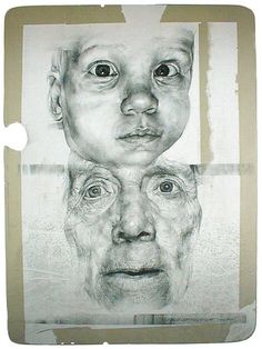 an old man's face is shown in the middle of a drawing on paper