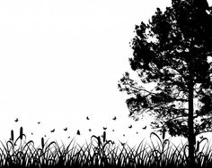 a black and white silhouette of a tree with birds flying over it in the background