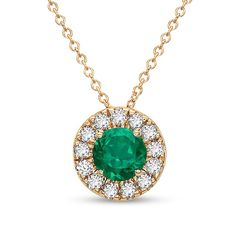 Let your elegance shine through this beautiful green emerald and diamond frame pendant - a classic look you can wear with anything. Fashioned in warm 10K gold A 4.0mm verdant-green emerald glistens in a sparkling diamond halo. 1/4 ct. t.w. of diamonds The pendant suspends along an 18.0-inch cable chain that secures with a spring-ring clasp. Green Emerald Necklace With Halo Setting For May Birthstone, May Birthstone Emerald Necklace With Halo Setting, May Birthstone Green Emerald Necklace With Halo Setting, Green Emerald Necklace With Diamond Halo Setting, Halo 1, Verdant Green, Diamond Frame, Sparkling Diamond, Green Emerald