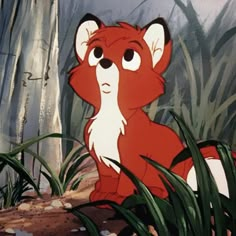 an animated red fox sitting in the woods