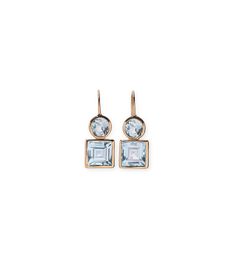 14k Pastille Earrings in Sky Blue Topaz. Fine gold earwires with faceted light blue topaz round and square stones. Square Stone Earrings, Lizzie Fortunato, Square Stone, Blue Topaz Stone, Pink Topaz, Sky Blue Topaz, Aquamarine Stone, Topaz Stone, Green Amethyst