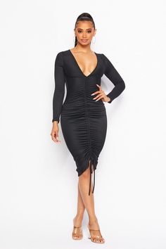 Plunging V neck front ruched midi dress Long sleeve Adjustable front ruching -x2 Rib True to size with good stretch Fall V-neck Ruched Midi Dress, Fitted V-neck Midi Dress With Ruched Sides, Ruched V-neck Dress With Surplice Neckline For Night Out, Long Sleeve Midi Dress With Ruched Sides, V-neck Midi Dress With Ruched Bodice For Date Night, Knee-length Dresses With Gathered Sleeves, Knee-length Dress With Stretch And Gathered Sleeves, Stretch Knee-length Dress With Gathered Sleeves, Long Sleeve Dresses With Ruched Sides For Night Out