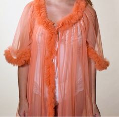 1960s RARE old Hollywood glam peach pink ruffle peignoir sheer robe with tie women's size small - medium Old Hollywood Pajamas, Old Hollywood Glamour Pajamas, Old Hollywood Satin Robe, Fur Edged Robe, Old Hollywood Feather Robe, Sheer Robe, Tie Women, Sheer Shorts, Old Hollywood Glam