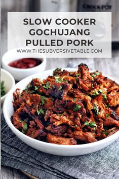 Plate of slow cooker bbq pulled pork with gochujang Chinese Pulled Pork Slow Cooker, Korean Pulled Pork Instant Pot, Korean Pork Crockpot Recipes, Korean Bbq Pork Recipes, Miso Gochujang Pulled Pork, Pork Roast Asian, Korean Pork Shoulder Recipes, Korean Barbeque Pork, Thai Pulled Pork