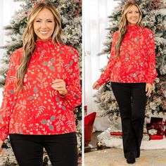 fb-feed Festive Look, Red Blouse, Tunic Sweatshirt, Jumpsuit Party, Model Fits, Fall Shopping, Dress With Cardigan, Red Blouses, Winter Accessories