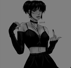 a drawing of a woman in black and white holding her finger up to the side