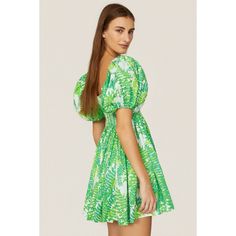 Green printed cotton (100% Cotton). Empire. Sweetheart neckline. Short sleeves. Pull-on. 30" from shoulder to hemline. Imported. Cotton Mini Dress With Sweetheart Neckline For Summer, Summer Puff Sleeve Dress For Vacation, Spring Cotton Mini Dress With Smocked Bodice, Cotton Puff Sleeve Mini Dress For Vacation, Cotton Mini Dress With Puff Sleeves For Vacation, Cotton Mini Dress With Sweetheart Neckline For Brunch, Summer Printed Dress With Puff Sleeves, Cute Puff Sleeve Dress With Sweetheart Neckline For Summer, Summer Vacation Dresses With Puff Sleeves