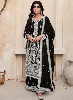 Black Embroidery Traditional Palazzo Suit Anarkali Suits Bollywood, Readymade Salwar Kameez, Modest Evening Dress, Palazzo Suit, Silk Bottoms, Designer Salwar Suits, Designer Lehenga Choli, Traditional Attire, Versatile Outfits