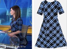 rebecca jarvis, blue plaid midi dress, good morning america