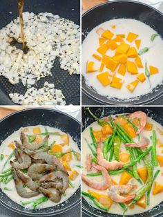 four pictures showing different stages of cooking vegetables and shrimp in a skillet with milk