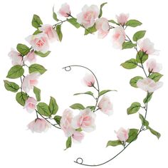 pink flowers and green leaves are arranged in the shape of a circle