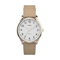 The traditional beauty of this women's Modern Easy Reader watch from Timex makes it the perfect choice for everyday wear. DISPLAY Dial color: white Illumination: Indiglo EL backlight Face cover material: mineral crystalCASE Material: gold-tone stainless steel Diameter: 32 mmBAND Material: tan leather Clasp: buckle Circumference: 190 mm Width: 16 mm For warranty information please click hereDETAILS Movement: quartz Power: battery Water resistance: 30 meters Packaging: gift boxed Warranty: manufac Classic Adjustable Watch With Round Dial, Classic Adjustable Watch Accessories With Round Dial, Timeless Everyday Analog Watches, Classic Everyday Watches With Adjustable Fit, Classic Watch For Everyday Use, Classic Adjustable Watch With Metal Dial, Classic Adjustable Watch Accessories With Metal Dial, Timeless Everyday Analog Watch Accessories, Classic Everyday Watch With Round Dial