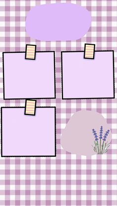 three frames are hanging on a purple and white checkered tablecloth with lavender flowers