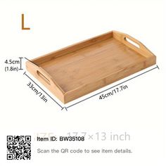 a wooden tray with handles and measurements for each item in the price label, shown on a white background