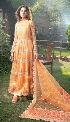 Pakistani Long Dresses, Pakistani Frocks, Pakistani Party Wear, Pakistani Fancy Dresses, Frock Dress, Net Dupatta, Pakistani Wedding, Fabric Stores Online, Shades Of Orange