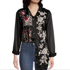 Elegant Tunic-Length Shirt Finished In A Luxurious Sheen, Enhanced By Striking Floral Embroidery Throughout The Design. Spread Collar Long Sleeves Button Cuffs Front Button Closure 57% Rayon/43% Viscose Hand Wash Imported Size & Fit About 32" From Shoulder To Hem Spring Long Sleeve Embellished Shirt, Black Button-up Blouse With Floral Embroidery, Black Embroidered Button-up Shirt, Black Floral Embroidery Button-up Blouse, Black Shirt With Floral Embroidery For Fall, Spring Black Embroidered Shirt, Black Button-up Shirt With Floral Embroidery, Black Floral Embroidery Button-up Shirt, Black Embroidered Shirt For Spring