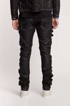 Stacked Black Jeans, Black Leather Pants With Side Pockets For Streetwear, Black Techwear Jeans With Side Pockets, Black Stacked Jeans Men, Black Gothic Denim Jeans, Stacked Jeans, Jeans For Men, Black Denim, Mens Jeans