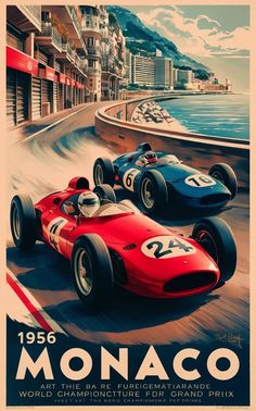 two racing cars driving down the road in front of an ocean and cityscape