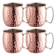 four copper colored mugs with handles on each one and the other two are empty