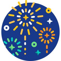 an image of fireworks in the sky with stars and circles around it on a blue background