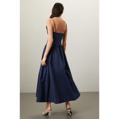 Blue cotton (59% Viscose, 40% Nylon, 1% Elastane). Gown. Sleeveless. V-neck. Back zipper closure. 57" from shoulder to hemline. Imported. Cotton A-line Midi Dress With Pleated Bodice, Elegant Cotton A-line Maxi Dress, Chic Cotton Dress With Pleated Bodice, Elegant A-line Cotton Maxi Dress, Elegant Lined V-neck Sundress, Elegant V-neck Lined Sundress, V-neck Sundress With Fitted Bodice, V-neck Midi Dress With Lined Fitted Bodice, Lined V-neck Midi Dress With Fitted Bodice