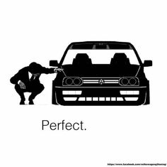 a man kneeling down next to a car with the words perfect on it's side