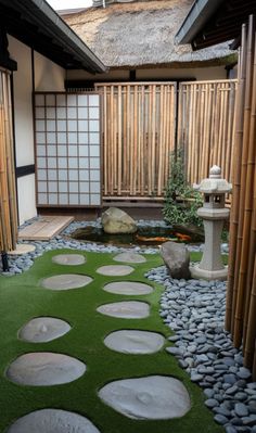 Combine artificial grass with smooth pebbles, stepping stones, and bamboo screens to create a peaceful, Japanese-inspired courtyard. Include a stone lantern or small koi pond for added authenticity.