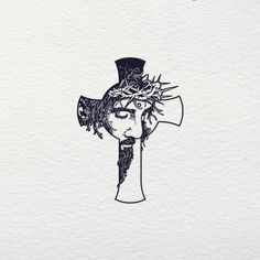 a drawing of a person wearing a hat and holding a cross with the word jesus on it