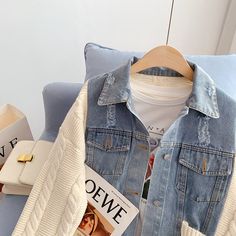 Style: commuting Size: one size Color: off white, Navy Sweater Coats, Denim Vest, Coats For Women, Denim Jacket, Off White, Navy, White, Color, Design