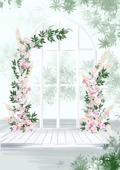 an open window with pink flowers and greenery