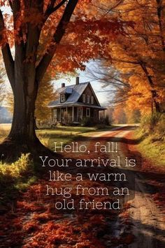 an image of a house in the fall with leaves on the ground and trees surrounding it